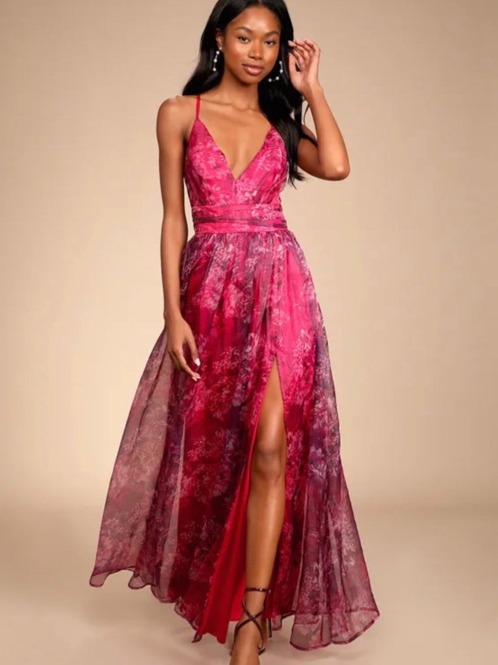 Lulus Romance That Wows Magenta Floral Print Organza Maxi Dress Size Medium New
